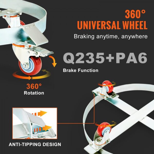VEVOR Fassroller 250L Transportroller aus Kohlenstoffstahl Metall Rollbrett Innendurchmesser Ø 607mm Fasswagen mit 4 Universalrädern Rollwagen Transportwagen zum Transport von Fass bis zu 454kg – Bild 5