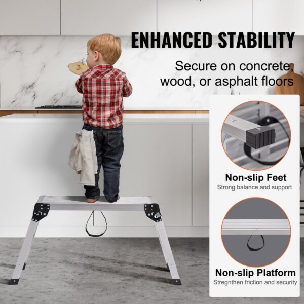 VEVOR Alu Arbeitsplattform Klappwerkbank 76x30x50,8cm Arbeitsbühne 150 kg Tragfähigkeit Trittbank mit Sicherheitsschlössern Trittleiter für Zuhause Büro Werkstatt & Garage Silber – Bild 5