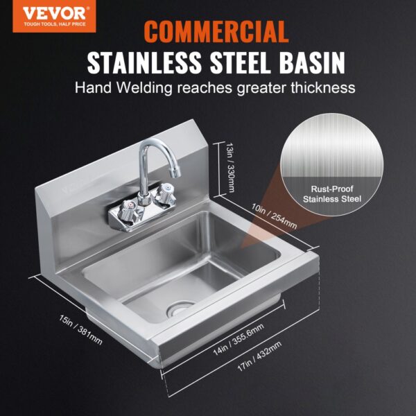 VEVOR Kommerzielles Handwaschbecken mit Wasserhahn, Edelstahlwaschbecken,Kleines Handwaschbecken, Wandmontage Handwaschbecken, Waschbecken für Restaurant, Küche, Bar, Garage und Haus – Bild 2 VEVOR Kommerzielles Handwaschbecken mit Wasserhahn, Edelstahlwaschbecken,Kleines Handwaschbecken, Wandmontage Handwaschbecken, Waschbecken für Restaurant, Küche, Bar, Garage und Haus – Bild 2