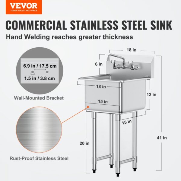 VEVOR Edelstahl Spültisch Gewerbliche Spülbecken 457 x 381 x 1041 mm, Spülbecken Edelstahl mit Wasserhahn 104 kg Tragfähigkeit, Edelstahlspüle Spülbecken Waschbecken Küche Freistehendes Spülbecken – Bild 2 VEVOR Edelstahl Spültisch Gewerbliche Spülbecken 457 x 381 x 1041 mm, Spülbecken Edelstahl mit Wasserhahn 104 kg Tragfähigkeit, Edelstahlspüle Spülbecken Waschbecken Küche Freistehendes Spülbecken – Bild 2