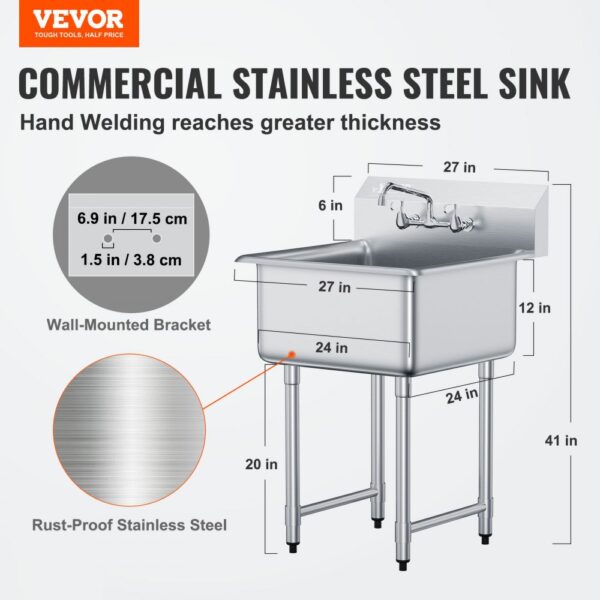 VEVOR Edelstahl Spültisch Gewerbliche Spülbecken 686 x 610 x 1041 mm, Spülbecken Edelstahl mit Wasserhahn 104 kg Tragfähigkeit, Edelstahlspüle Spülbecken Waschbecken Küche Freistehendes Spülbecken – Bild 2 VEVOR Edelstahl Spültisch Gewerbliche Spülbecken 686 x 610 x 1041 mm, Spülbecken Edelstahl mit Wasserhahn 104 kg Tragfähigkeit, Edelstahlspüle Spülbecken Waschbecken Küche Freistehendes Spülbecken – Bild 2