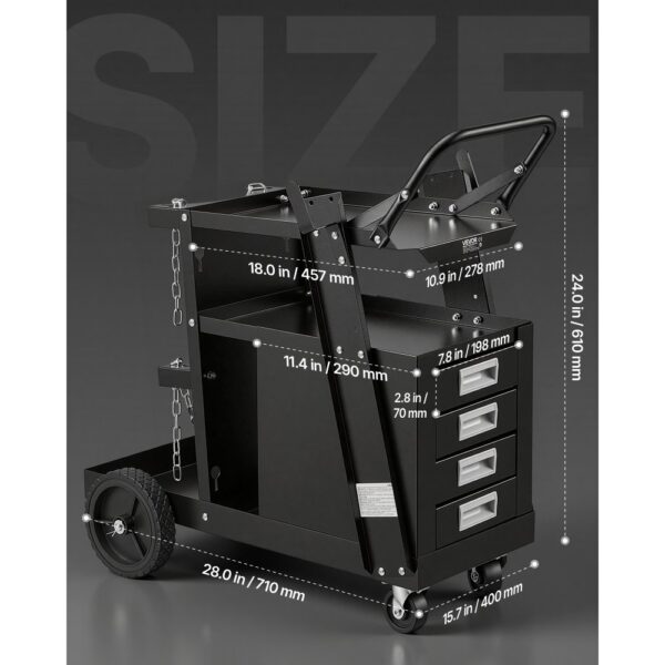 VEVOR Schweißwagen 2 Ablageflächen mit 4 Schubladen Schweißmobil Max. 100-120kg Wagen für Schweßgeräte mit 2 Gasflaschenhalterung Ideal für Handschweißen Schutzgasschweißen Argon-Lichtbogenschweißen – Bild 3