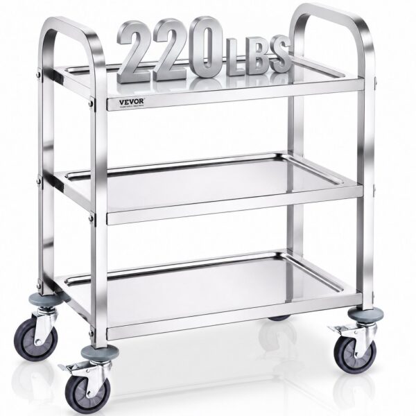 VEVOR Laborwagen Gerätewagen Medizintechnik Servierwagen 201 Edelstahl Tragbar Abräumwagen 100 kg Tragfähigkeit, 740 x 396 x 860 mm Labor Rollwagen Medical Trolley Dreifach-Design Silber