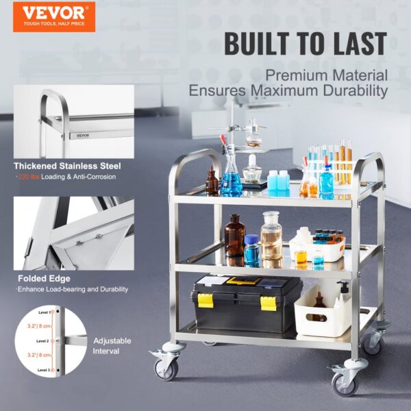 VEVOR Laborwagen Gerätewagen Medizintechnik Servierwagen 201 Edelstahl Tragbar Abräumwagen 100 kg Tragfähigkeit, 740 x 396 x 860 mm Labor Rollwagen Medical Trolley Dreifach-Design Silber – Bild 2