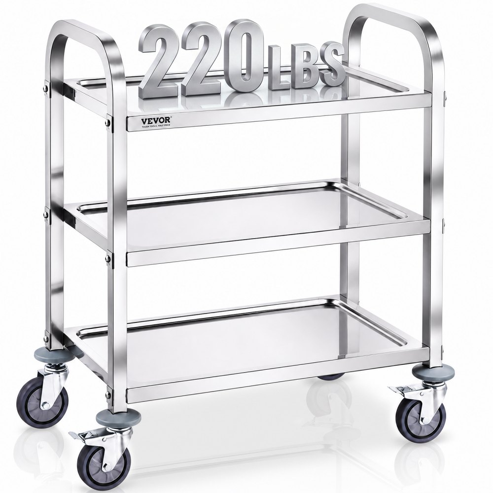 VEVOR Laborwagen Gerätewagen Medizintechnik Servierwagen 201 Edelstahl Tragbar Abräumwagen 100 kg Tragfähigkeit, 740 x 396 x 860 mm Labor Rollwagen Medical Trolley Dreifach-Design Silber