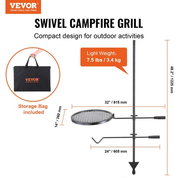 VEVOR Drehspieß Schwenkgrill Stahl 360 x 360 mm, Holzkohlegrill Doppelte Schichten Grillrost Grillgestell 6 kg Belastbarkeit 300 ℃ Freistehend Spießbratengrill BBQ Grill Grillwagen Barbecue Outdoor – Bild 2
