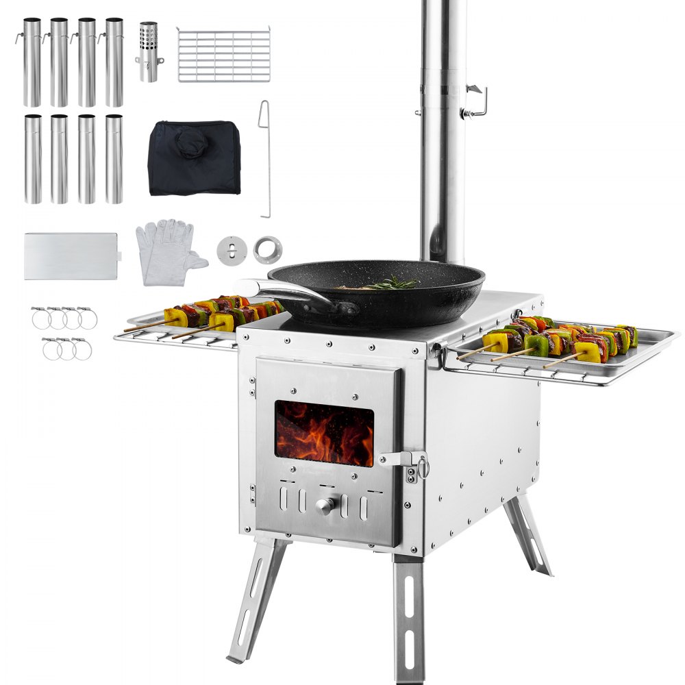 VEVOR Holzofen, 590 x 790 x 2620 m, Camping-Zeltofen aus Edelstahl, Holzofen mit Kaminrohren und Handschuhen, 1646 Kubikzoll großer Feuerraum-Zeltofen zum Kochen und Heizen im Freien mit 8 Rohren
