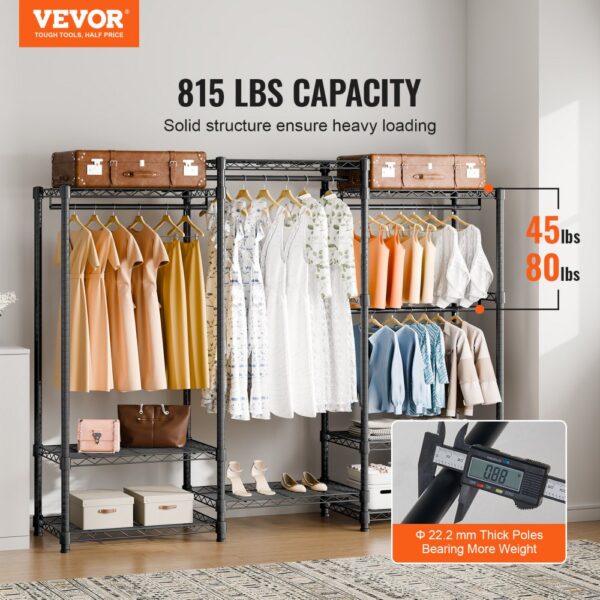 VEVOR Mobiler Kleiderständer Garderobenständer 362 kg Belastbar, Freistehender Kleiderständer 174x180x45 cm 3 Kleiderstangen, Multifunktional 8-lagig, für Schlafzimmer, Wäscheraum, Ankleidezimmer – Bild 2
