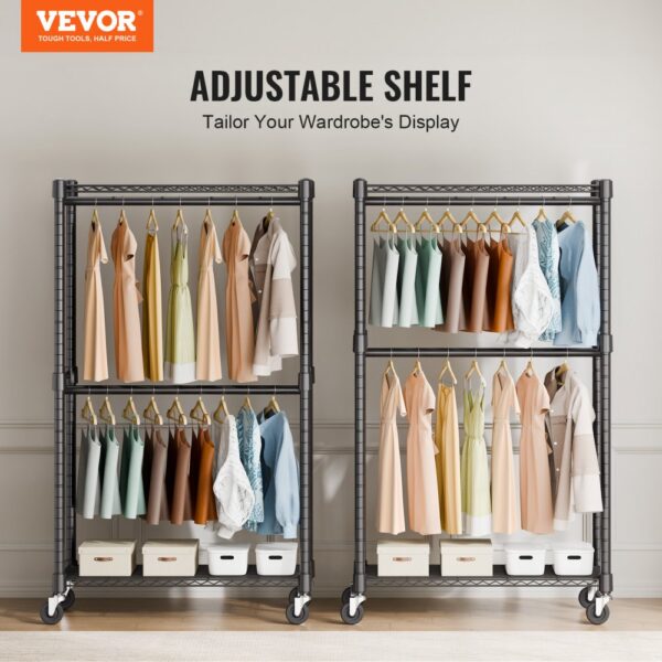 VEVOR Rollbarer Kleiderständer Garderobenständer 1 Kleiderstange, 2-lagig, 136 kg Belastbar Strapazierfähiger Rollbarer Kleiderständer für Schlafzimmer, Wäscheraum, Ankleidezimmer, Eingang usw. – Bild 2