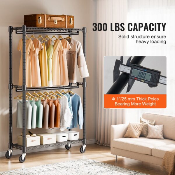 VEVOR Rollbarer Kleiderständer Garderobenständer 1 Kleiderstange, 2-lagig, 136 kg Belastbar Strapazierfähiger Rollbarer Kleiderständer für Schlafzimmer, Wäscheraum, Ankleidezimmer, Eingang usw. – Bild 3