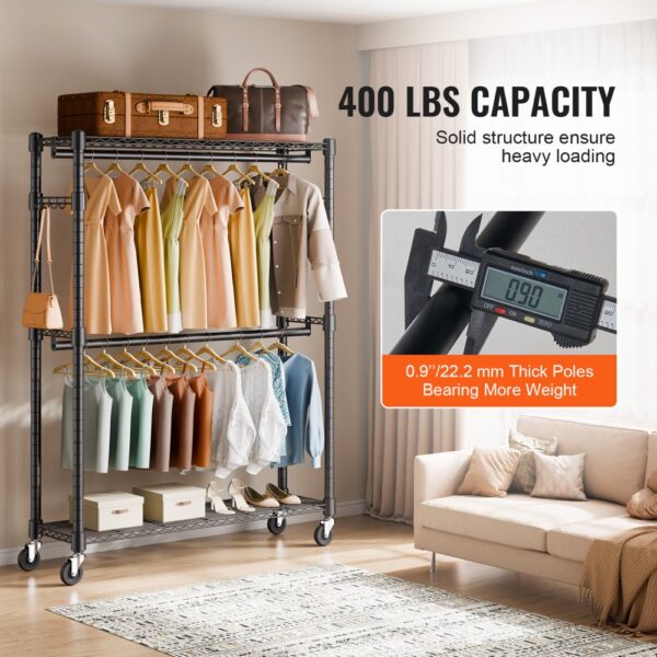 VEVOR 3-lagiger Rollbarer Kleiderständer Garderobenständer Kleiderstangen, 204 cm Höhe Stahl Kleiderständer 182 kg Belastbar, Strapazierfähig Ständer für Schlafzimmer, Wäscheraum, Ankleidezimmer usw. – Bild 3