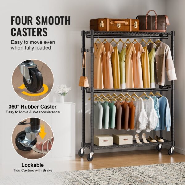 VEVOR 3-lagiger Rollbarer Kleiderständer Garderobenständer Kleiderstangen, 204 cm Höhe Stahl Kleiderständer 182 kg Belastbar, Strapazierfähig Ständer für Schlafzimmer, Wäscheraum, Ankleidezimmer usw. – Bild 4