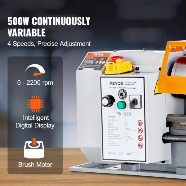 VEVOR Metalldrehmaschine 500W Drehbank Metall 18x36cm Tischdrehbank aus HT200-Gusseisen 0–2200U/min Poly-V-Riemen-Übertragung 20mm Bohrung durch die Spindel Geeignet für 0,5-2,5mm Gewinde – Bild 3