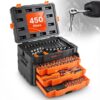 VEVOR Mechaniker-Werkzeugsatz Steckschlüsselsatz (450-tlg.) 6,4/9,5/12,7-mm-Antrieb, tiefe und Standard-Stecknüsse, SAE-metrisches Mechaniker-Werkzeugset mit Schraubenschlüsseln & Koffer