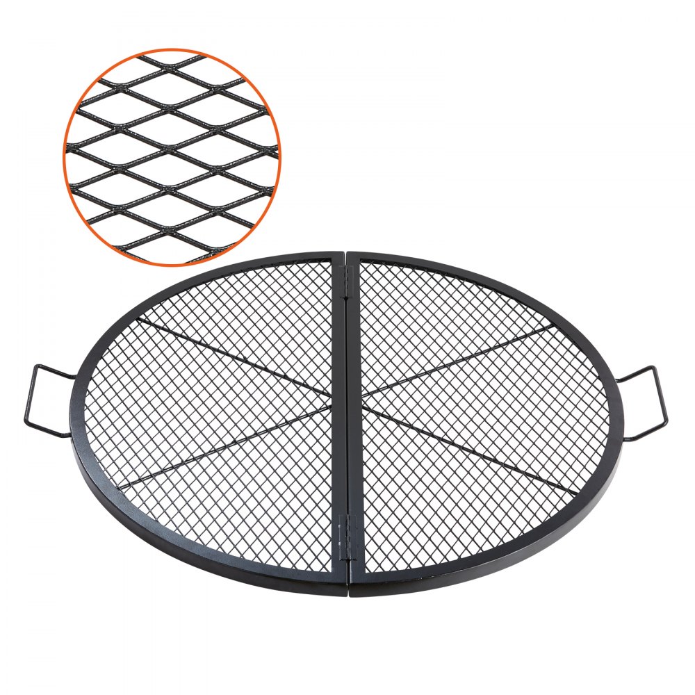 VEVOR Φ 910 x 25 mm X-Marks Feuerstellen-Grillrost, Faltbarer Runder Grillrost, Robuster Lagerfeuer-BBQ-Grillrost aus Stahl mit Griff & Stütz-X-Draht, Tragbares Camping-Kochgeschirr, Schwarz