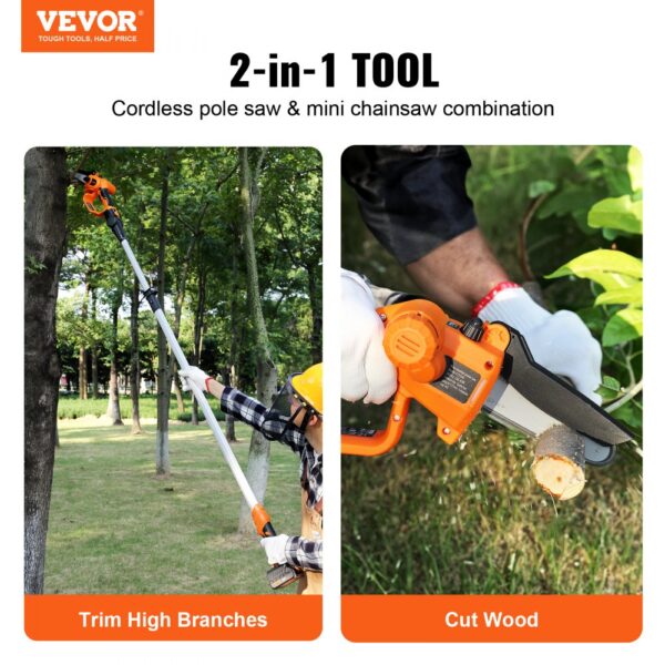VEVOR Mini Kettensäge mit Akku 20V 2Ah Bürstenloser Motor 2 in 1 Akku-Hochentaster 22000U/min Kettensäge Elektro, Teleskop Heckenschere Astsäge mit Teleskopstiel Auszugslänge bis 2,43m – Bild 2