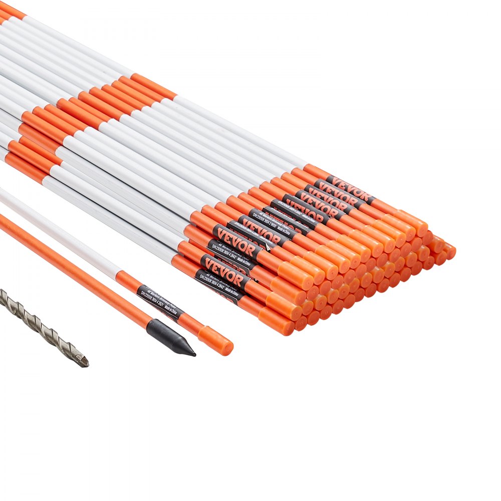 VEVOR Einfahrtsmarkierungen, 50 Stk. 121,92 cm, 1,02 cm Durchmesser, orangefarbene Glasfaserstangen, Schneepfähle mit reflektierendem Band, 30,48 cm Stahlbohrer und Schutzhandschuhe für Parkplätze, Ge