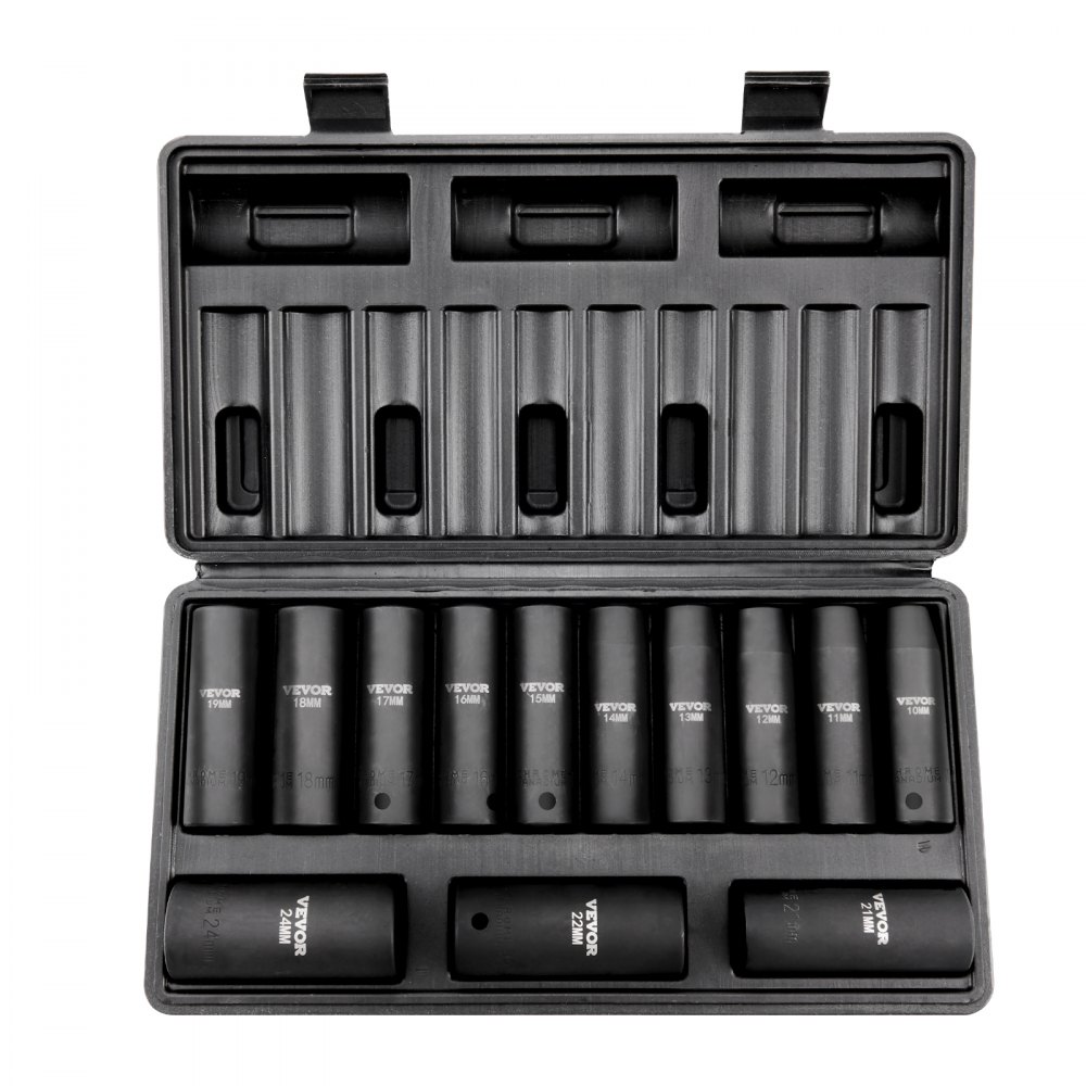VEVOR Profi Steckschlüsselsatz CR-V-legierter Stahl 13-tlg Steckschlüssel Satz 10-24 mm Tiefe Stecknüsse Schlagschrauber, HRC 42-48 Steckschlüssel inkl Werkzeugkoffer, Metrisch Schraubenausdreher