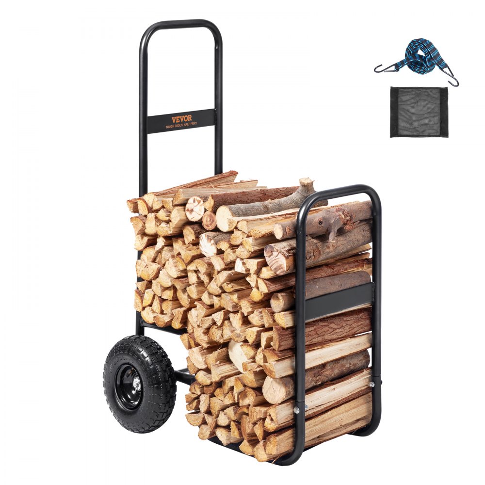VEVOR Kaminholzwagen 67x52x110cm Brennholzwagen Pulverbeschichteter Stahl Brennholzkarre mit 266,7-mm-Gummirädern Holzwagen 113,4 kg Tragfähigkeit Transportwagen inkl. Bungee-Seil Bodennetz