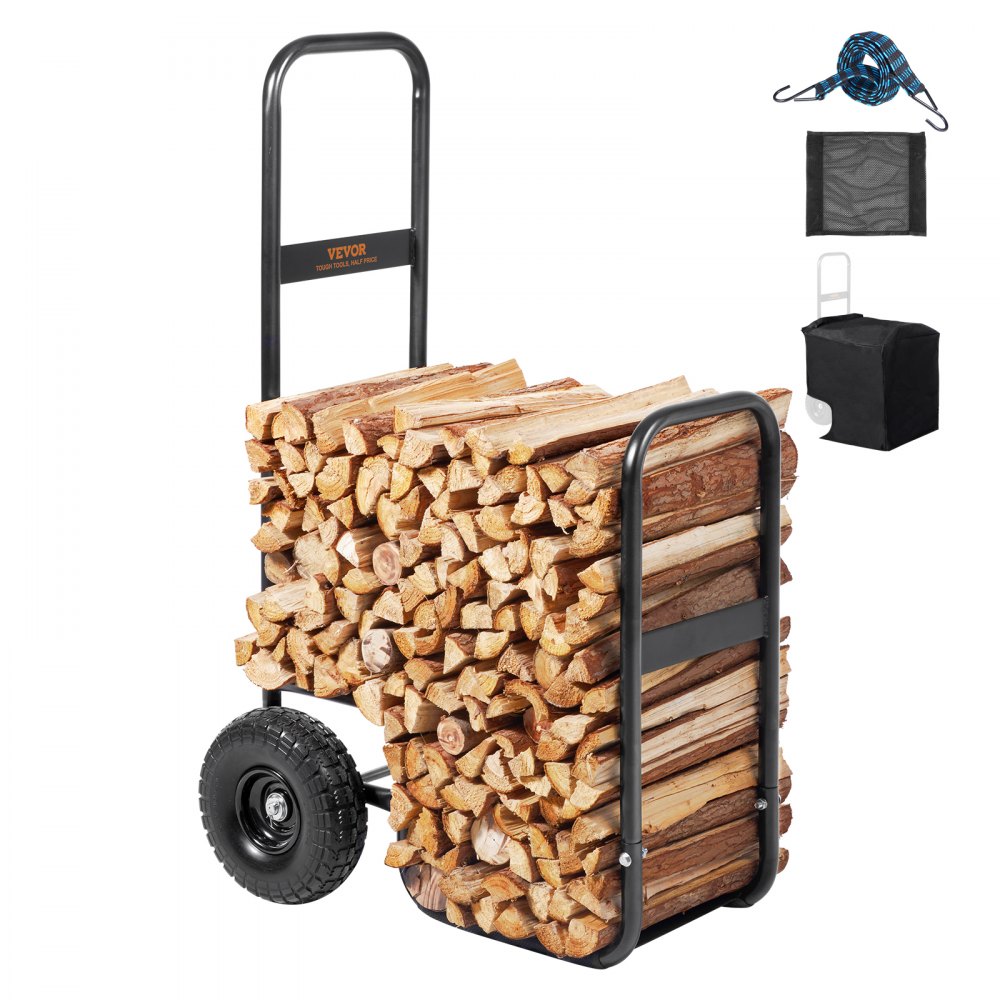 VEVOR Kaminholzwagen 67x52x110cm Brennholzwagen Pulverbeschichteter Stahl Brennholzkarre mit 266,7-mm-Gummirädern Holzwagen Max. 113,4kg Transportwagen inkl. Bungee-Seil Bodennetz 600D Oxford-Tuch