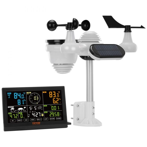 VEVOR 7-in-1 Wetterstation Funkwetterstation mit Außensensor 190,5 mm (7.5-inch) Farbdisplay RCC-Atomuhr zur Messung von Windrichtung Windgeschwindigkeit Luftdruck Innen/Außentemperatur und -feuchtigkeit Mondphase