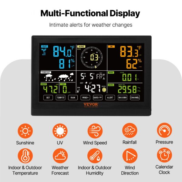 VEVOR 7-in-1 Wetterstation Funkwetterstation mit Außensensor 190,5 mm (7.5-inch) Farbdisplay RCC-Atomuhr zur Messung von Windrichtung Windgeschwindigkeit Luftdruck Innen/Außentemperatur und -feuchtigkeit Mondphase – Bild 5