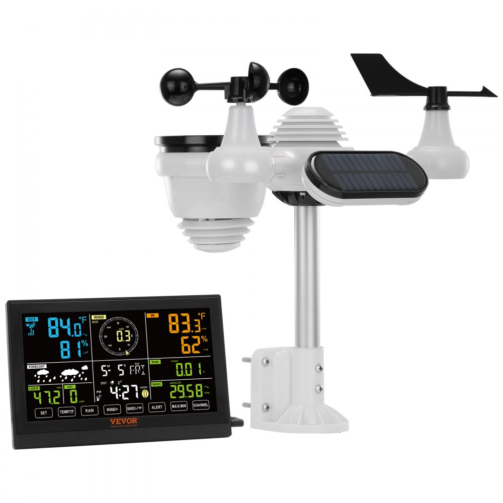 VEVOR 7-in-1 Wetterstation Funkwetterstation mit Außensensor 190,5 mm (7.5-inch) Farbdisplay RCC-Atomuhr zur Messung von Windrichtung Windgeschwindigkeit Luftdruck Innen/Außentemperatur und -feuchtigkeit Mondphase