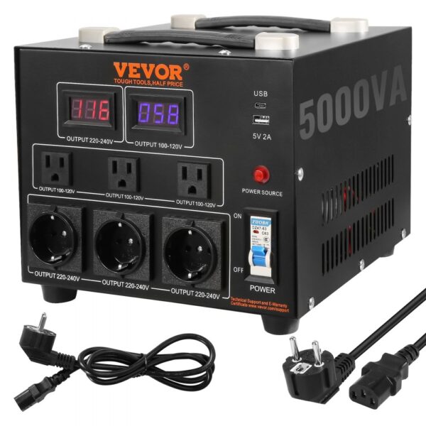 VEVOR 5000W Spannungswandler Transformator AC 110V⇋220V Transformer Wandler 3x US NEMA 5-15R 3-polige / 3x europäische Shucko-Ausgangssteckdosen, 1x 5V-USB-Anschluss und 1x Typ-C-Buchse