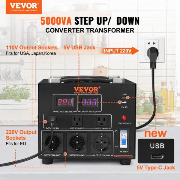 VEVOR 5000W Spannungswandler Transformator AC 110V⇋220V Transformer Wandler 3x US NEMA 5-15R 3-polige / 3x europäische Shucko-Ausgangssteckdosen, 1x 5V-USB-Anschluss und 1x Typ-C-Buchse – Bild 2