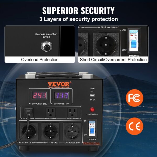 VEVOR 5000W Spannungswandler Transformator AC 110V⇋220V Transformer Wandler 3x US NEMA 5-15R 3-polige / 3x europäische Shucko-Ausgangssteckdosen, 1x 5V-USB-Anschluss und 1x Typ-C-Buchse – Bild 4