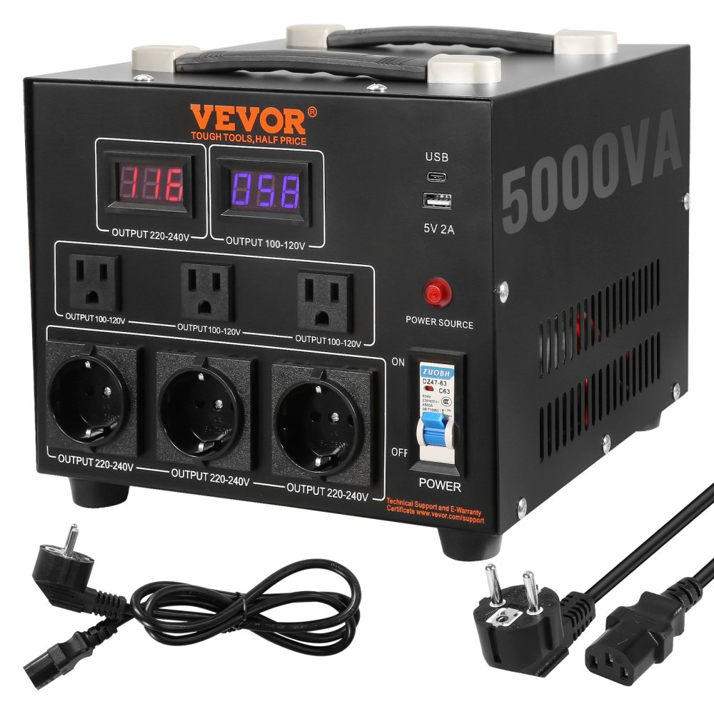 VEVOR 5000W Spannungswandler Transformator AC 110V⇋220V Transformer Wandler 3x US NEMA 5-15R 3-polige / 3x europäische Shucko-Ausgangssteckdosen, 1x 5V-USB-Anschluss und 1x Typ-C-Buchse