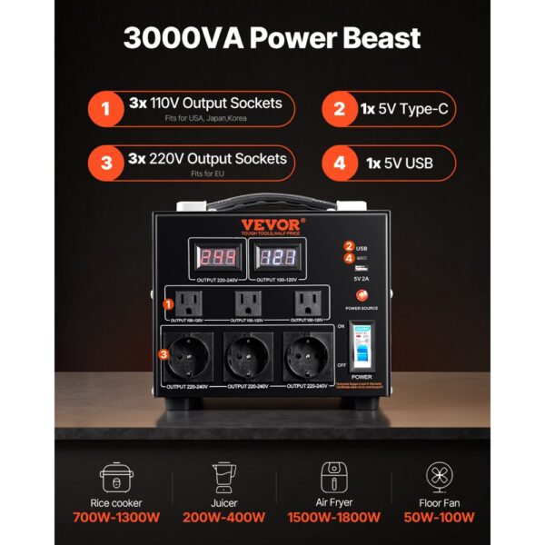 VEVOR 3000W Spannungswandler Transformator AC 110V⇋220V Transformer Wandler 3 US NEMA 5-15R 3-polige Ausgangssteckdosen, 3 europäische Shucko-Ausgangssteckdosen, 1 USB-Buchse und 1 Typ-C-Buchse – Bild 2