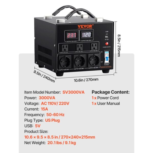 VEVOR 3000W Spannungswandler Transformator AC 110V⇋220V Transformer Wandler 3 US NEMA 5-15R 3-polige Ausgangssteckdosen, 3 europäische Shucko-Ausgangssteckdosen, 1 USB-Buchse und 1 Typ-C-Buchse – Bild 5