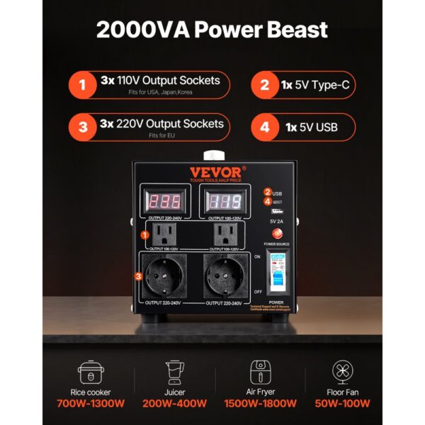 VEVOR 2000W Spannungswandler Transformator AC 110V⇋220V Transformer Wandler 2x US NEMA 5-15R 3-polige/2x standardmäßige europäische Shucko-Ausgangssteckdosen, 1x 5V-USB-Anschluss, 1x Typ-C-Buchse – Bild 2