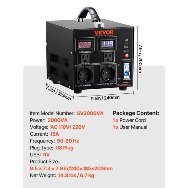 VEVOR 2000W Spannungswandler Transformator AC 110V⇋220V Transformer Wandler 2x US NEMA 5-15R 3-polige/2x standardmäßige europäische Shucko-Ausgangssteckdosen, 1x 5V-USB-Anschluss, 1x Typ-C-Buchse – Bild 5