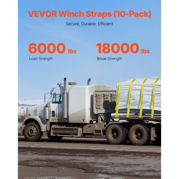 VEVOR Windengurte, 4" x 40', 6000 lbs Tragfähigkeit, 18000 lbs Bruchfestigkeit, LKW-Gurte mit flachem Haken, Ladungskontrolle für Anhänger, Bauernhöfe, Rettungen, Baumschoner, Gelb (10er-Pack) – Bild 2