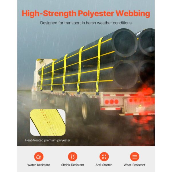 VEVOR Windengurte, 4" x 30', 6000 lbs Tragfähigkeit, 18000 lbs Bruchfestigkeit, LKW-Gurte mit flachem Haken, Ladungskontrolle für Anhänger, Bauernhöfe, Rettungen, Baumschoner, Gelb (10er-Pack) – Bild 3