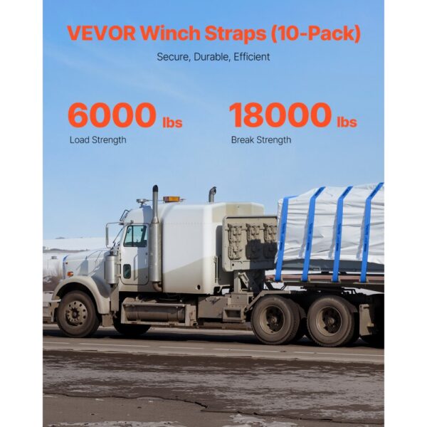 VEVOR Windengurte, 4" x 30', 6000 lbs Tragfähigkeit, 18000 lbs Bruchfestigkeit, LKW-Gurte mit flachem Haken, für Anhänger, Bauernhöfe, Rettungen, Baumschoner, blau (10er-Pack) – Bild 2 VEVOR Windengurte, 4" x 30', 6000 lbs Tragfähigkeit, 18000 lbs Bruchfestigkeit, LKW-Gurte mit flachem Haken, für Anhänger, Bauernhöfe, Rettungen, Baumschoner, blau (10er-Pack) – Bild 2