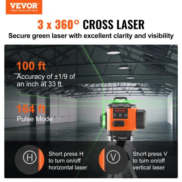 VEVOR Kreuzlinienlaser 30m Lasernivellier Selbstnivellierend Linienlaser 520nm±10nm Laserwellenlänge Baulaser ±0,28cm bei 10m Kreuzlaser ±3° 8 Std Dauerarbeitszeit inkl. Lithiumbatterie Typ-C-Leitung – Bild 2