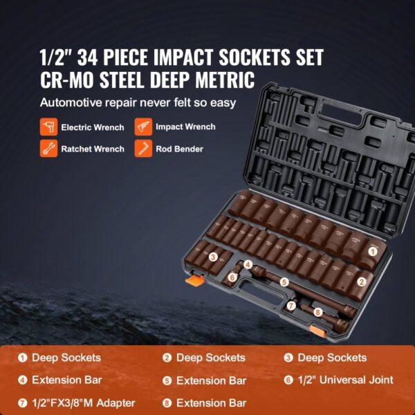 VEVOR Schlagschrauber-Set, 34-teilig, 6-Punkt-12,7-cm-Antrieb, Bit-Ratschen-Werkzeugset-Koffer – Bild 3 VEVOR Schlagschrauber-Set, 34-teilig, 6-Punkt-12,7-cm-Antrieb, Bit-Ratschen-Werkzeugset-Koffer – Bild 3