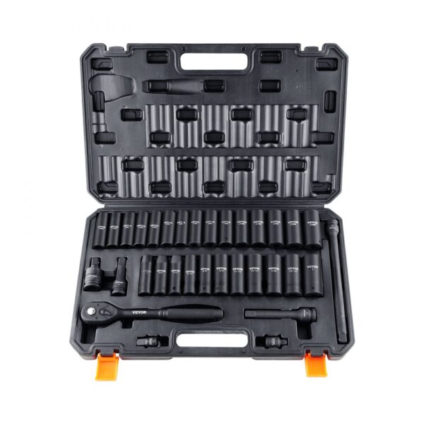 VEVOR 1/2 Zoll Steckschlüsselsatz CR-V-legierter Stahl 33-tlg Steckschlüssel Satz 10-24 mm Tiefe Stecknüsse Schlagschrauber, HRC 42-48 Steckschlüssel inkl Werkzeugkoffer, Metrisch Schraubenausdreher