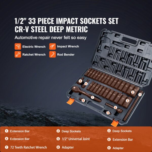 VEVOR 1/2 Zoll Steckschlüsselsatz CR-V-legierter Stahl 33-tlg Steckschlüssel Satz 10-24 mm Tiefe Stecknüsse Schlagschrauber, HRC 42-48 Steckschlüssel inkl Werkzeugkoffer, Metrisch Schraubenausdreher – Bild 3