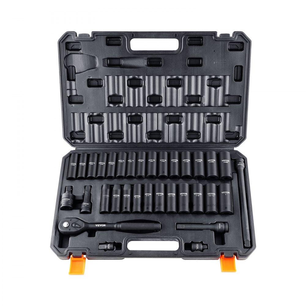 VEVOR 1/2 Zoll Steckschlüsselsatz CR-V-legierter Stahl 33-tlg Steckschlüssel Satz 10-24 mm Tiefe Stecknüsse Schlagschrauber, HRC 42-48 Steckschlüssel inkl Werkzeugkoffer, Metrisch Schraubenausdreher