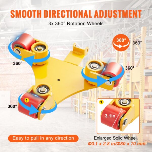 VEVOR 3T Transportfahrwerk mit Griff 425x335x116mm Transportrollen aus Kohlenstoffstahl Industrieroller mit 3x 360° PU-Räder Roller Ф165x10mm Drehplatte Möbeltransporthilfe Transportroller – Bild 4
