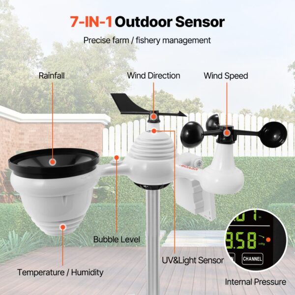 VEVOR Profi WLAN-Wetterstation 7 in 1 solarbetrieben Wettercenter 190,5 mm (7,5-inch) Display 150m Übertragungsreichweite Außensensor für Windgeschwindigkeit Windrichtung Temperatur Luftfeuchtigkeit Niederschlag – Bild 2