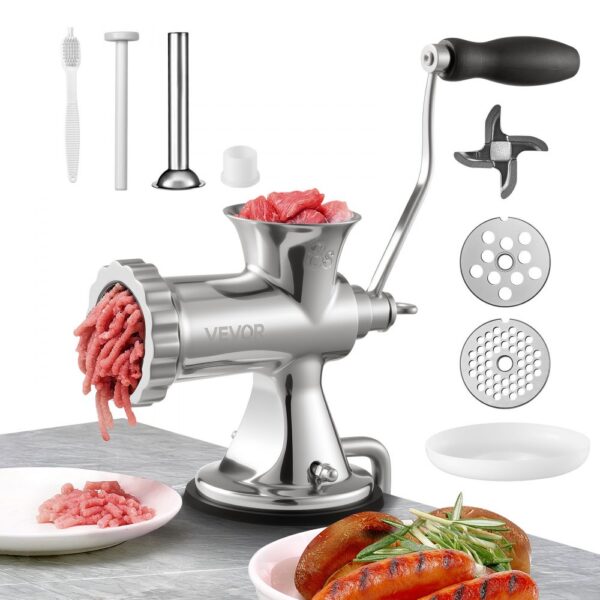 VEVOR manueller Fleischwolf Hand Fleischwolf 304 Edelstahl, 4,5 & 8 mm Schneidplatten, manuelle Fleischmaschine mit Wurstrohr, geeignet für Fleisch Gemüse Schleifen und Wurstfüllung Silber VEVOR manueller Fleischwolf Hand Fleischwolf 304 Edelstahl, 4,5 & 8 mm Schneidplatten, manuelle Fleischmaschine mit Wurstrohr, geeignet für Fleisch Gemüse Schleifen und Wurstfüllung Silber