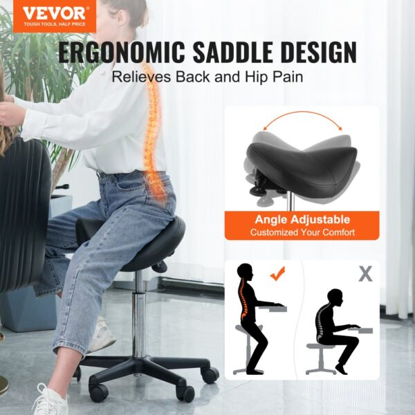 VEVOR Sattelhocker mit Rädern, 181 kg Gewichtskapazität, Ergonomischer Rollsattelhocker, Höhenverstellbar, Verdicktes PU-Leder, Drehsattelhocker, Stuhl für Salon, Spa, Klinik, Schwarz – Bild 2 VEVOR Sattelhocker mit Rädern, 181 kg Gewichtskapazität, Ergonomischer Rollsattelhocker, Höhenverstellbar, Verdicktes PU-Leder, Drehsattelhocker, Stuhl für Salon, Spa, Klinik, Schwarz – Bild 2