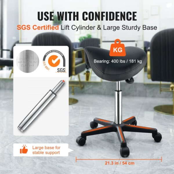 VEVOR Sattelhocker mit Rädern, 181 kg Gewichtskapazität, Ergonomischer Rollsattelhocker, Höhenverstellbar, Verdicktes PU-Leder, Drehsattelhocker, Stuhl für Salon, Spa, Klinik, Schwarz – Bild 4 VEVOR Sattelhocker mit Rädern, 181 kg Gewichtskapazität, Ergonomischer Rollsattelhocker, Höhenverstellbar, Verdicktes PU-Leder, Drehsattelhocker, Stuhl für Salon, Spa, Klinik, Schwarz – Bild 4