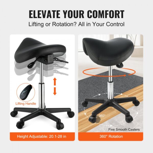 VEVOR Sattelhocker mit Rädern, 181 kg Gewichtskapazität, Ergonomischer Rollsattelhocker, Höhenverstellbar, Verdicktes PU-Leder, Drehsattelhocker, Stuhl für Salon, Spa, Klinik, Schwarz – Bild 5 VEVOR Sattelhocker mit Rädern, 181 kg Gewichtskapazität, Ergonomischer Rollsattelhocker, Höhenverstellbar, Verdicktes PU-Leder, Drehsattelhocker, Stuhl für Salon, Spa, Klinik, Schwarz – Bild 5