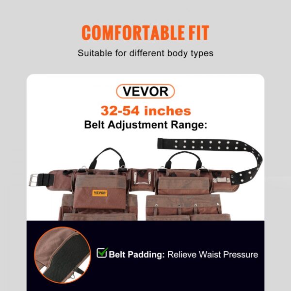 VEVOR Werkzeuggürtel 19 Taschen verstellbar von 81,2 bis 137,2 cm robuste Werkzeugtasche aus Polyester abnehmbare Werkzeugtasche für Elektriker Schreiner Heimwerker Holzarbeiter Baugewerbe Braun – Bild 3